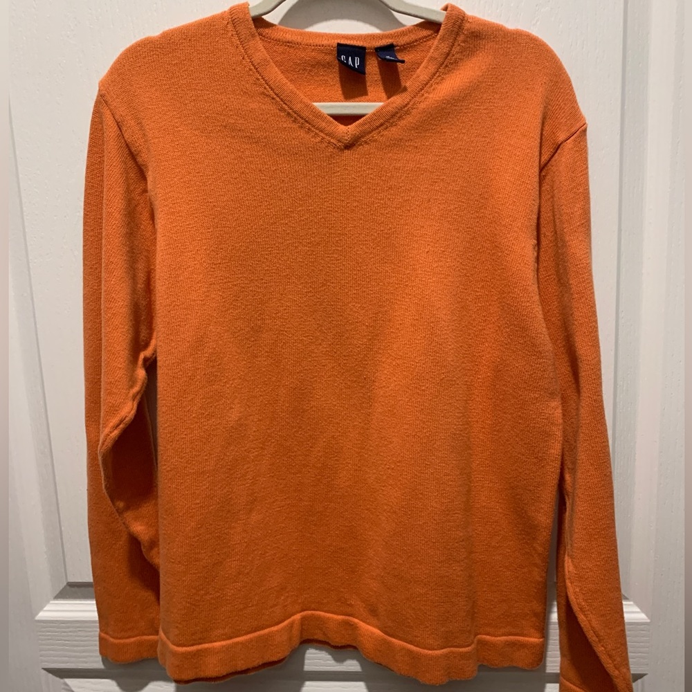 Men’s Orange V-Neck Soft Cotton Sweater - GAP